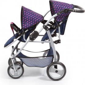 Bayer Twin Tandem Pram - Dark Blue w/Pink Hearts & Unicorn