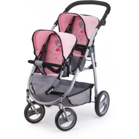 Bayer Twin Tandem Pram - Pink & Grey