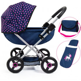 Bayer Cosy Doll Pram - Dark Blue with Pink Heart Hood