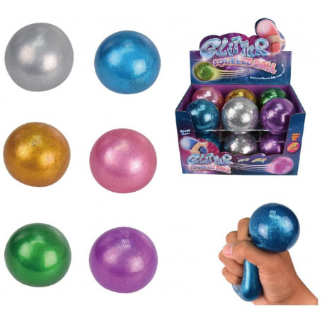 SQUISHY STRESS BALL W/GLITTER (6 ASSTD) - 7cm