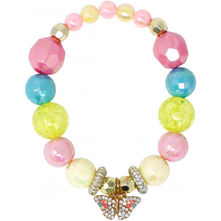 Pink Poppy Rhinestone Butterfly Charm Stretch Bead Bracelet