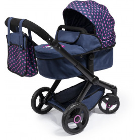 Xeo Compact Doll Pram - Dark Blue with Pink Heart Print