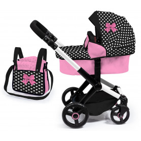 Xeo Compact Doll Pram - Pink w/White Hearts & Pink Bow