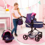 Bayer Vario Doll Pram Dark Blue w/Pink Hearts & Unicorn