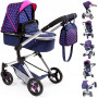 Bayer Vario Doll Pram Dark Blue w/Pink Hearts & Unicorn