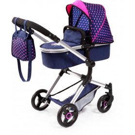 Bayer Vario Doll Pram Dark Blue w/Pink Hearts & Unicorn