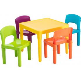 4 COLOURED CHAIRS AND TABLE,