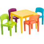 4 COLOURED CHAIRS AND TABLE,